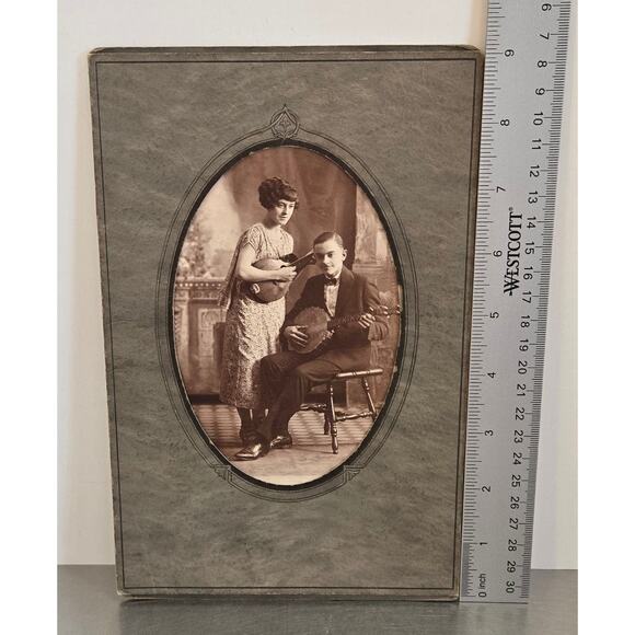 Antique Studio Photo Musical Duo Couple Banjo Mandolin Guitar Edwardian Fashion - Picture 4 of 5